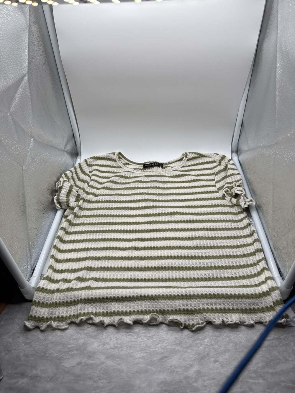 Fresh of LA Striped Waffle Knit Lettuce Hem Top Size L